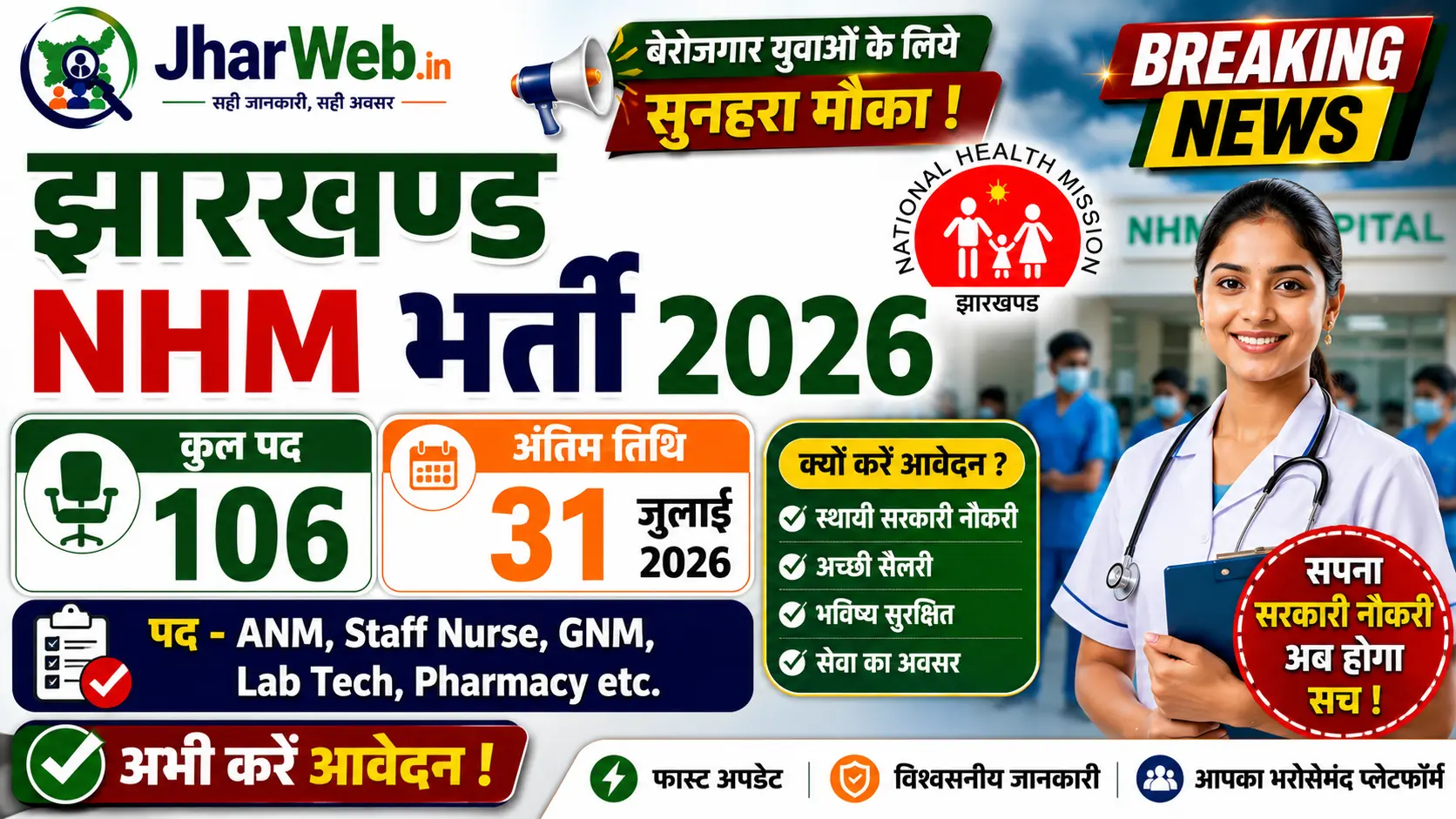Jharkhand NHM Vacancy 2026: झारखण्ड में NHM के अंतर्गत 106 पदों पर बम्पर भर्ती शुरू 1 Jharkhand NHM Vacancy 2026
